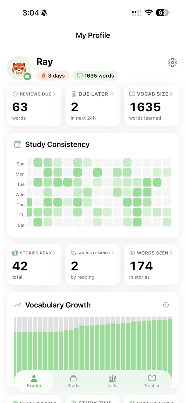 Literate Chinese progress tracking: study streak, reviews due, study consistency heatmap, and vocabulary growth chart